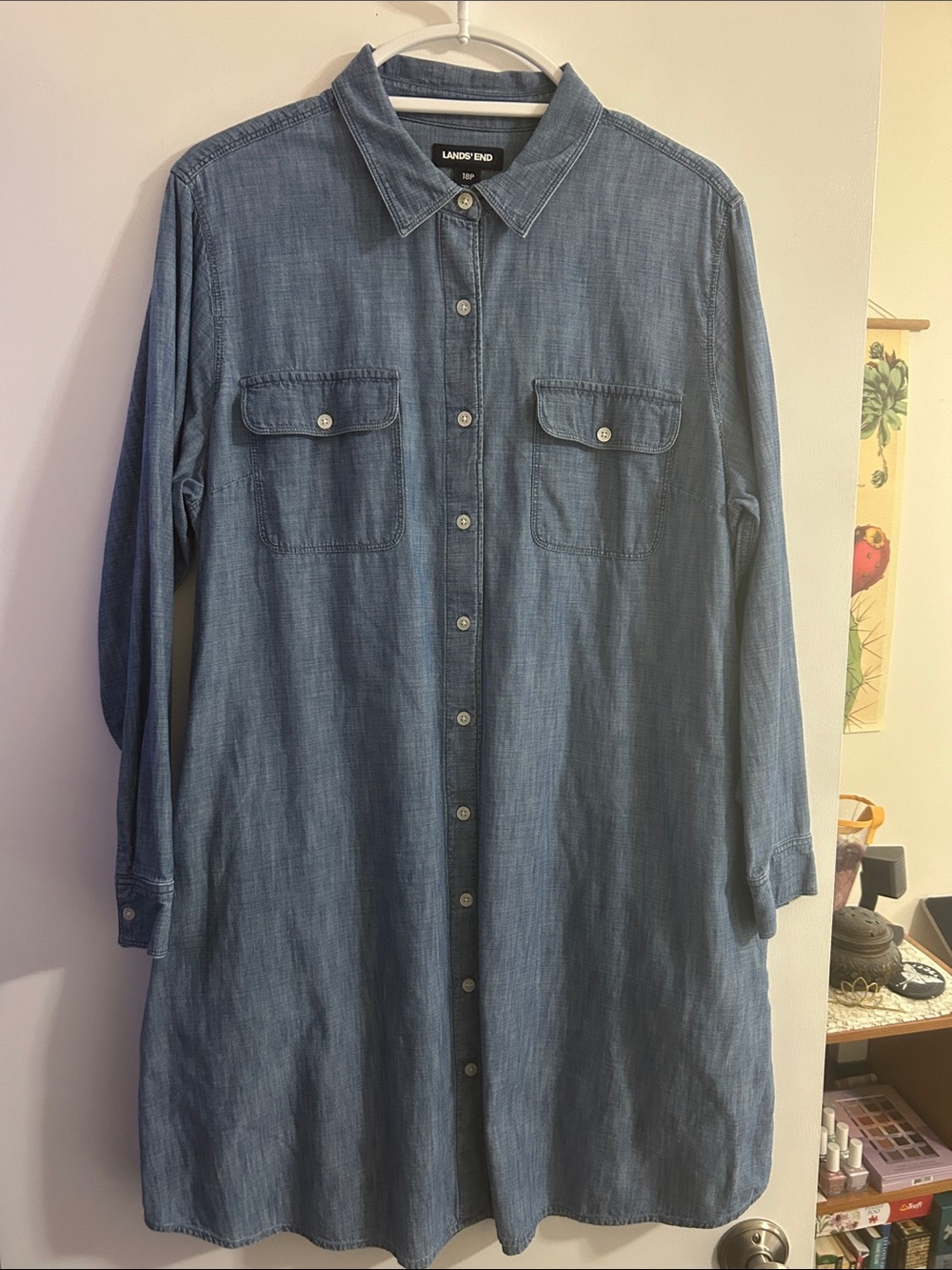 Lands End Chambray Denim Button Front Shirt Dress Blue 18P Petite